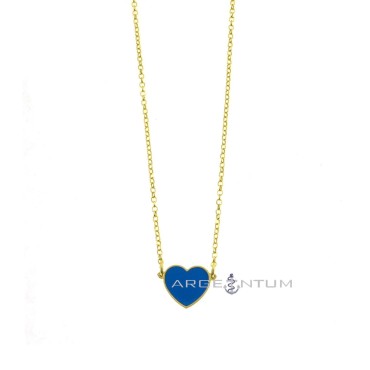 Yellow gold plated diamond rolo link necklace with blue enamelled heart 13x12 mm in 925 silver