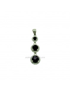 Movable pendant with 3 round black degradé zircons in white zircon frames white gold plated in 925 silver