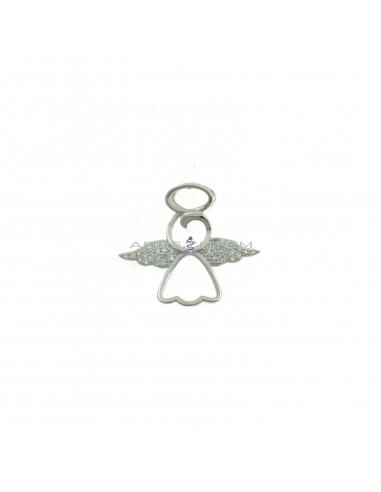 Angel shape pendant with white cubic zirconia pavé wings and white gold plated silver 925 passing counter-link