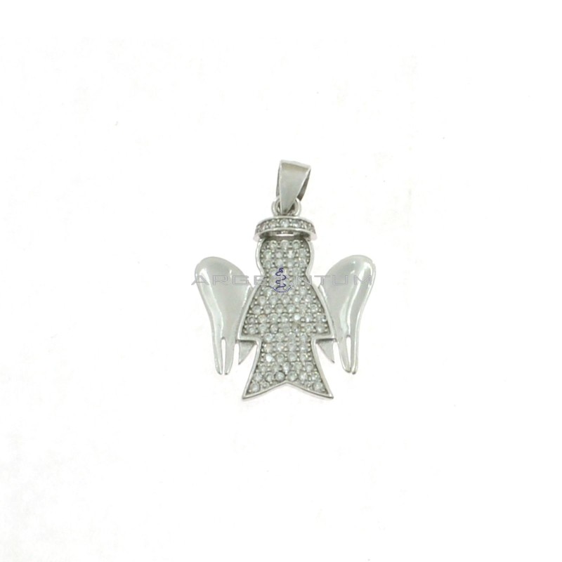 Angel pendant in white cubic zirconia pave with shiny wings white gold plated in 925 silver