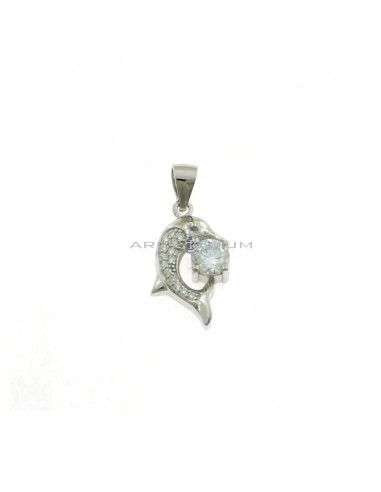 White semi-zircon dolphin pendant with white light point white gold plated in 925 silver