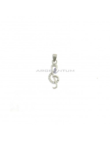 White gold-plated semi-zirconia treble clef pendant in 925 silver