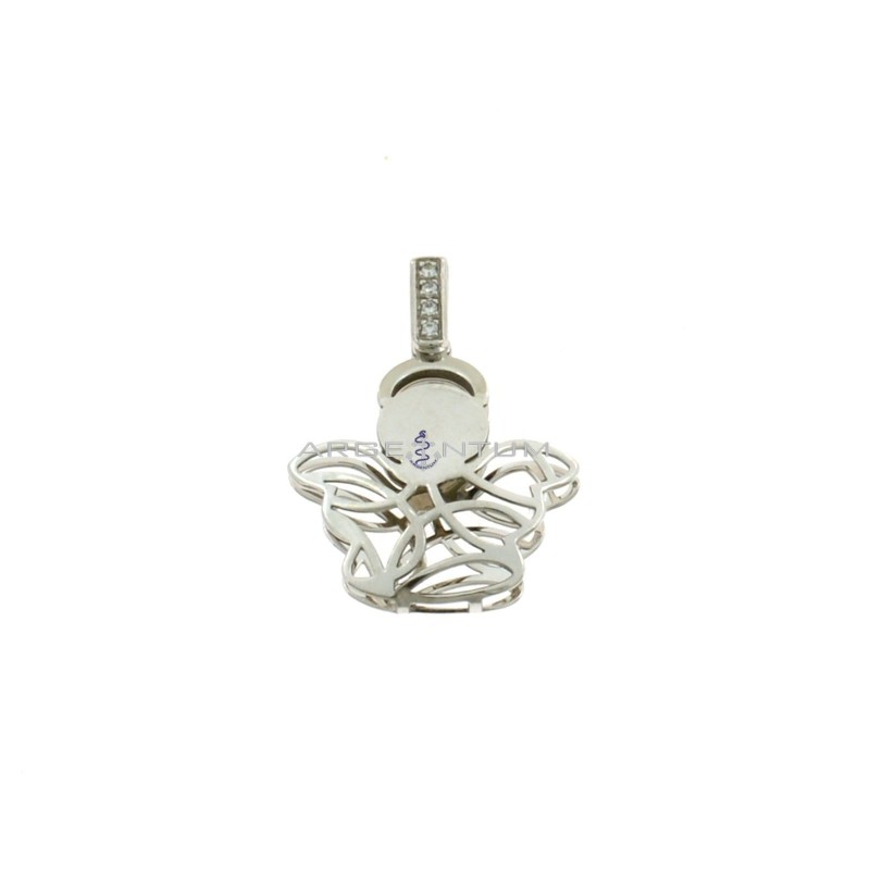 Angel pendant with double perforated plate with white zirconia counter-link in 925 silver