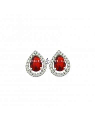 Lobe earrings with central red teardrop zircon in the shape of white zircons plated white gold in 925 silver