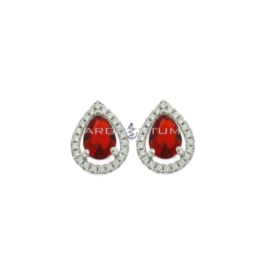 Lobe earrings with central red teardrop zircon in the shape of white zircons plated white gold in 925 silver