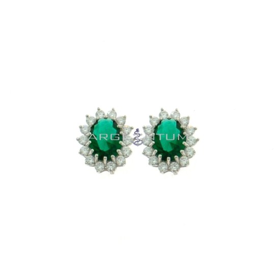 Lobe earrings 10.5x13 mm with central oval green zircon in a frame of white zircons plated white gold in 925 silver