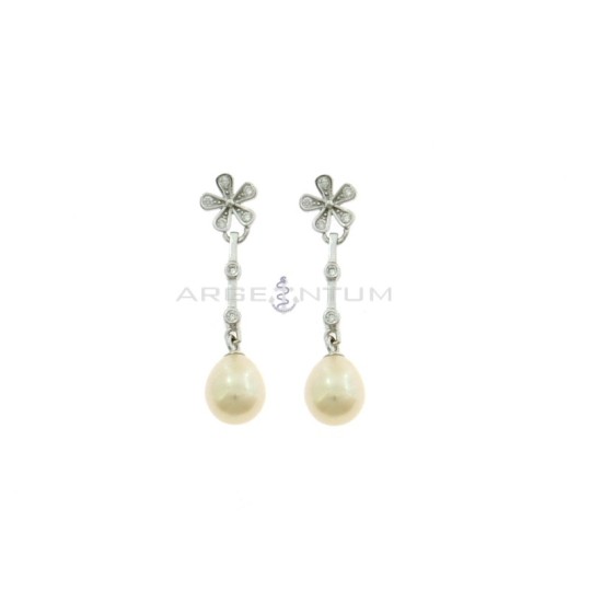 Pendant earrings with white zircon flower attachment, rigid segment with onion light points and oval pearl, white gold plated in