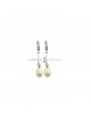 Pendant earrings with zircon rail attachment, rigid segment and oval pearl with small onion light point, 925 white gold plated