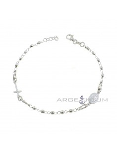 Rosary bracelet chain link with diamond spheres, lateral cross and lateral miraculous medal plated white gold 925 silver
