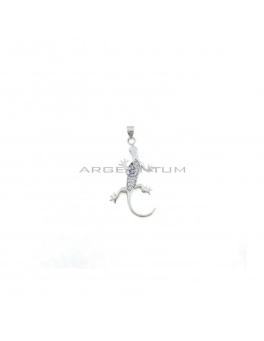 White semi-zircon gecko pendant white gold plated in 925 silver