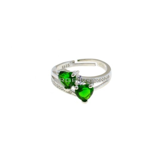 Adjustable ring with 2 hearts of green zircon and openwork shank white gold plated 925 sterling silver