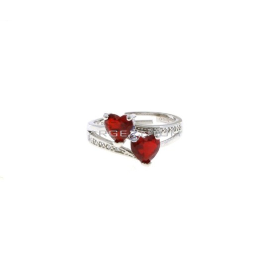 Adjustable ring with 2 hearts of red zircon and pierced shank white gold plated semizircon in 925 silver