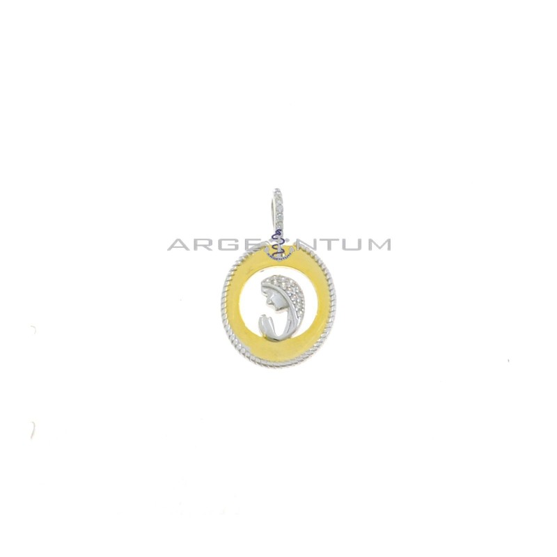 Pendant with yellow gold plated openwork oval, striped edge, white half-zircon Madonna and white gold-plated white zircon counter-link in 925 silver