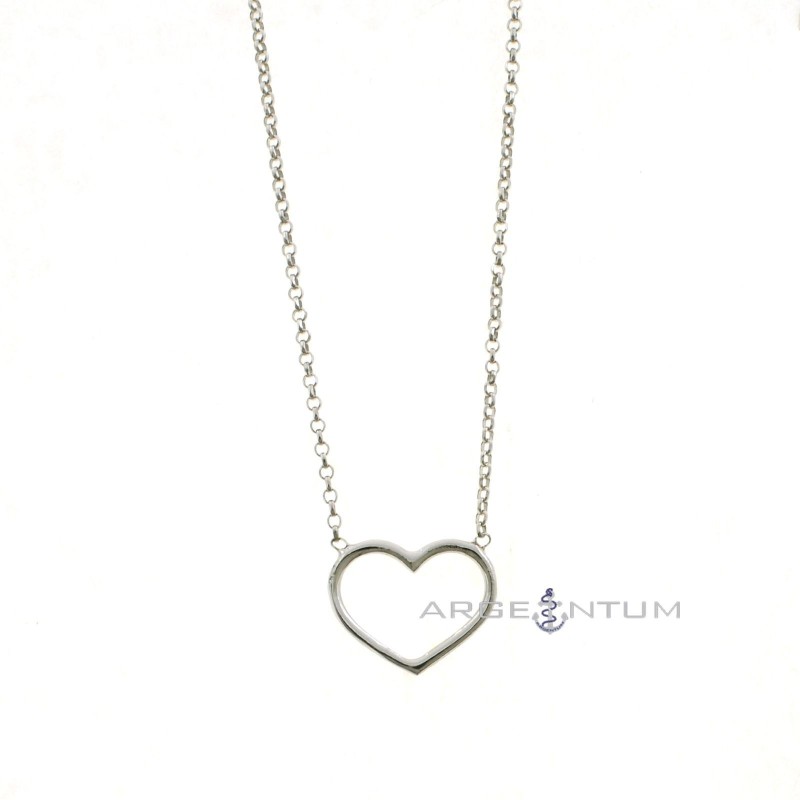 Diamond rolo link necklace with central wire heart shape plated white gold in 925 silver