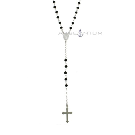 Y-shaped rosary necklace with rolo link with black swarovski, central miraculous medal and cross plate pendant white gold plated