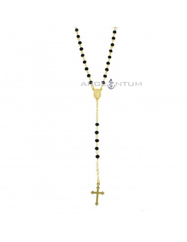 Y-shaped rolo link rosary necklace with black swarovski, central miraculous medal and cross plate pendant yellow gold plated 925 silver