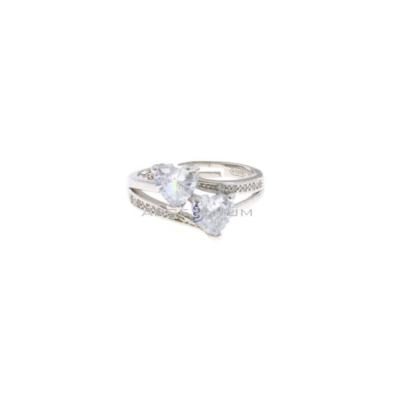 Adjustable ring with 2 hearts of white zircon and openwork shank white gold plated 925 silver