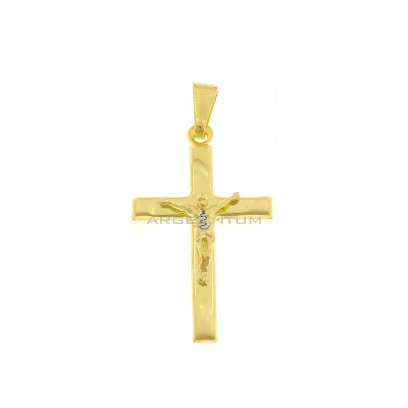 Rounded cross pendant with satin details and cast yellow gold plated Christ in 925 silver