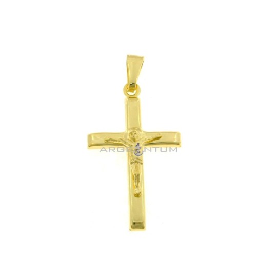 Rounded cross pendant with raised halo and yellow gold plated cast Christ in 925 silver