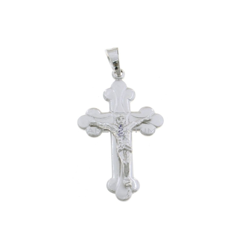 Cross pendant with satin and engraved detail and white gold plated cast Christ in 925 silver