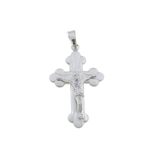 Ciondolo croce con dettaglio satinato e inciso e cristo microfuso placcato oro bianco in argento 925