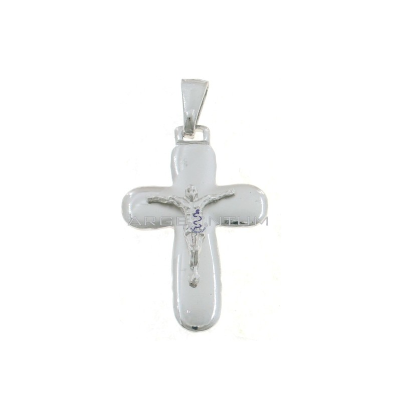 Cross pendant with satin detail and white gold plated cast Christ in 925 silver