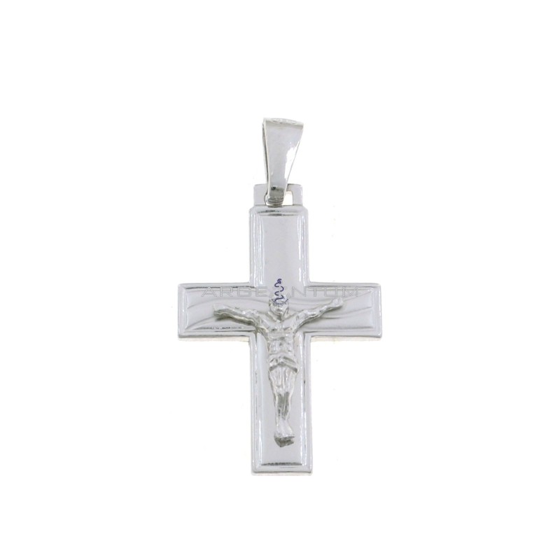 Cross pendant with satin and engraved wave detail and white gold plated cast Christ in 925 silver