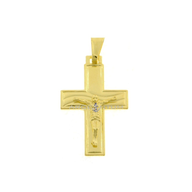 Cross pendant with satin and engraved wave detail and yellow gold plated cast Christ in 925 silver