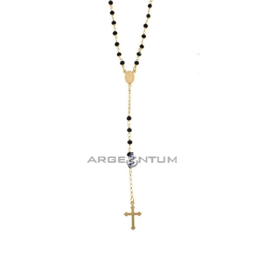 Rosary necklace with rolo link with black swarovski, central miraculous medal and cross plate pendant rose gold plated 925 silve