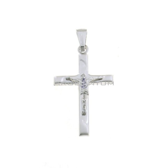 Rounded cross pendant with satin details and white gold plated cast Christ in 925 silver