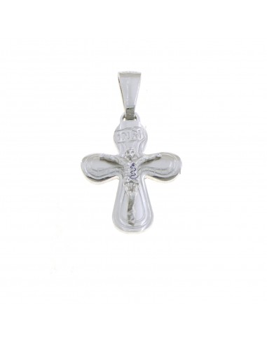 Cross pendant with satin finish and engraved with "INRI" writing and cast Christ in white gold plated 925 silver