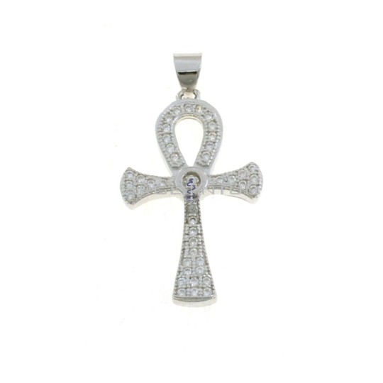 White zircon Nile cross pendant with white gold-plated central light point in 925 silver