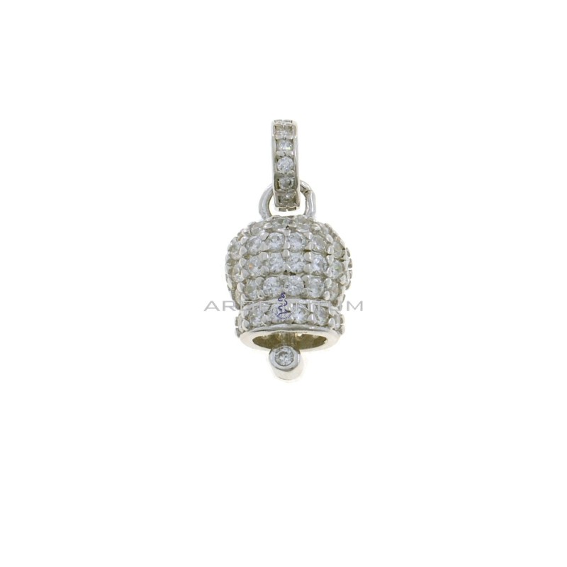 Bell charm 9.5x9.5 mm. white gold plated with white cubic zirconia and round zirconia counter-link in 925 silver