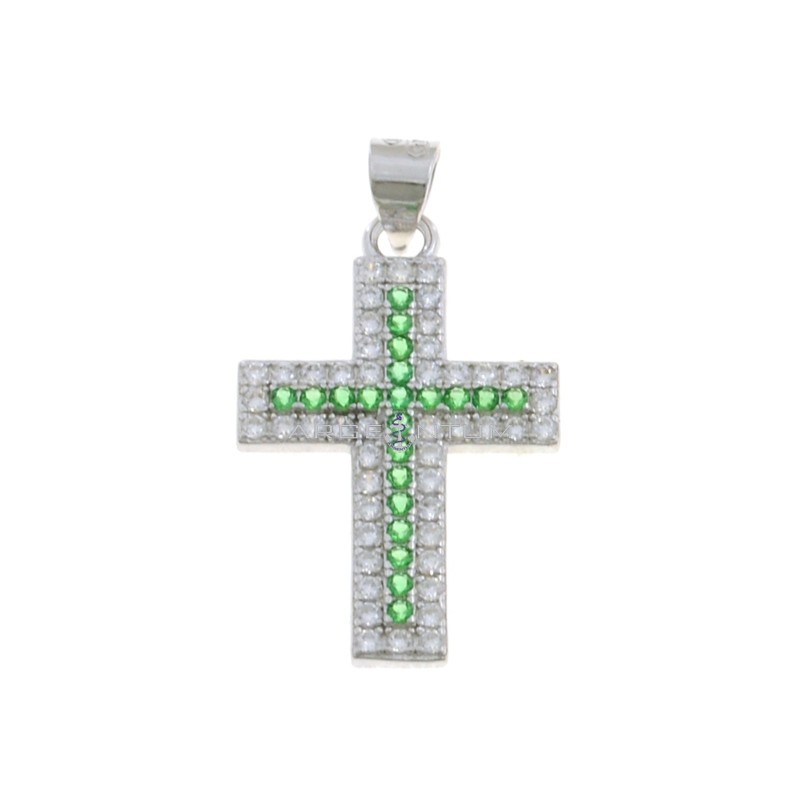 White gold plated cross pendant with white and green zircons in 925 silver