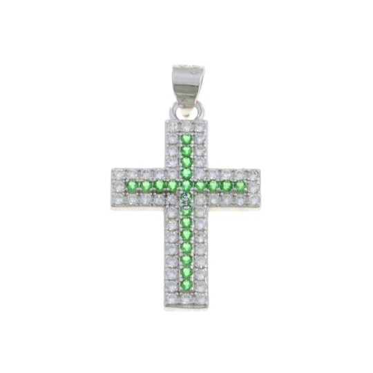 White gold plated cross pendant with white and green zircons in 925 silver