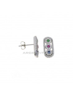 White zircon oval shape lobe earrings with 3 white zircon flowers with central colored zircons white gold plated 925 silver