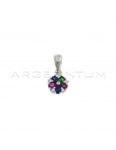 Round pendant with flower with multicolor zircon petals and white points of light white gold plated in 925 silver