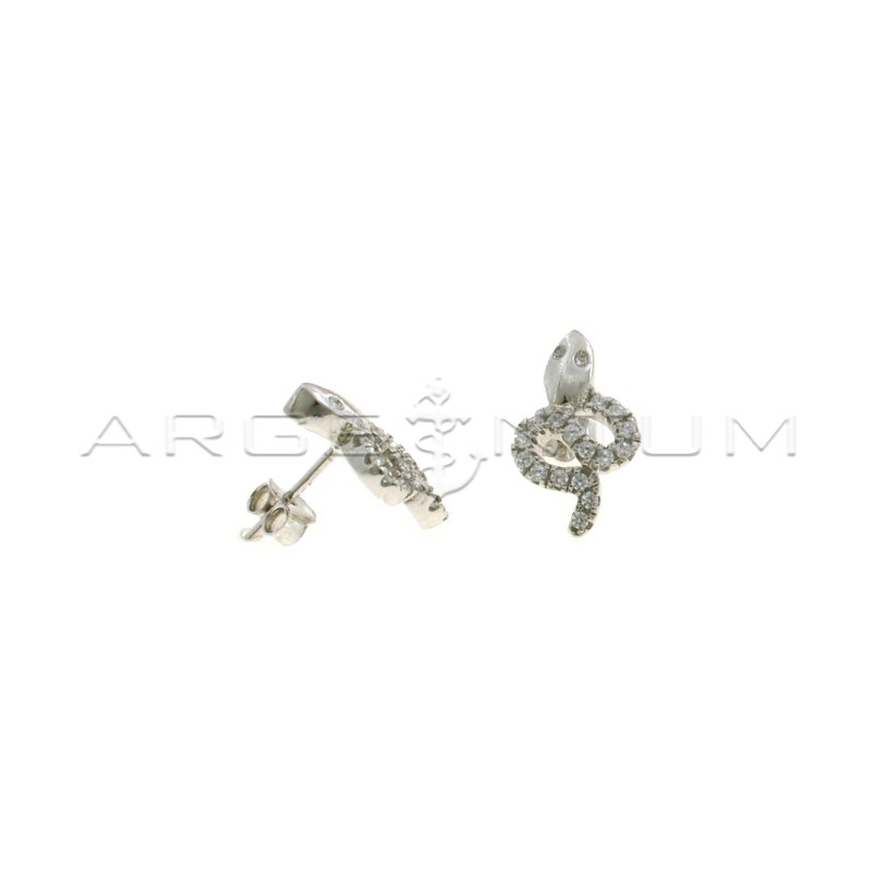 Snake lobe earrings with white zircon body and smooth head with white gold plated engraved eyes in 925 silver