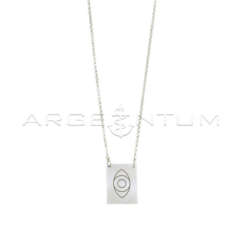 Diamond-coated rolò link necklace with central plate plate with engraved eye, white gold plated in 925 silver