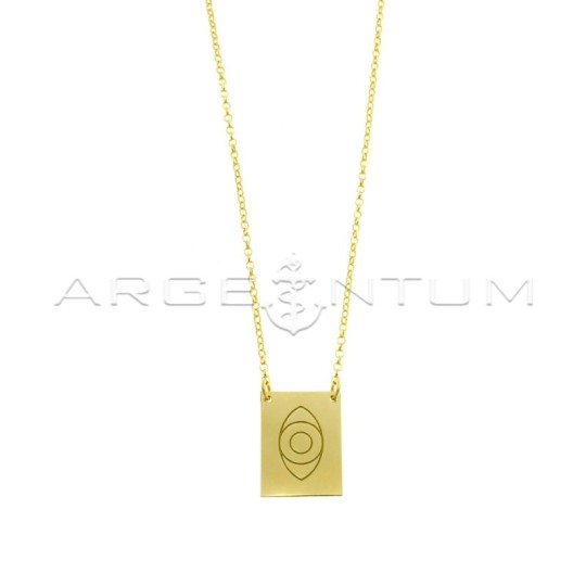 Diamond-coated rolled chain necklace with central plate with engraved eye in yellow gold plated 925 silver