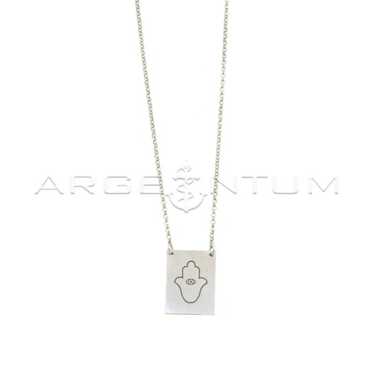 Diamond-coated rolo chain necklace with central plate with engraved hand of Fatima, white gold plated in 925 silver