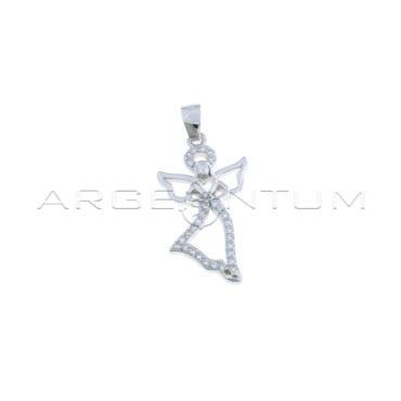 Angel shape pendant with heart with white zircon dress and halo in white gold plated 925 silver