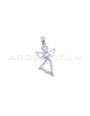 Angel shape pendant with heart with white zircon dress and halo in white gold plated 925 silver