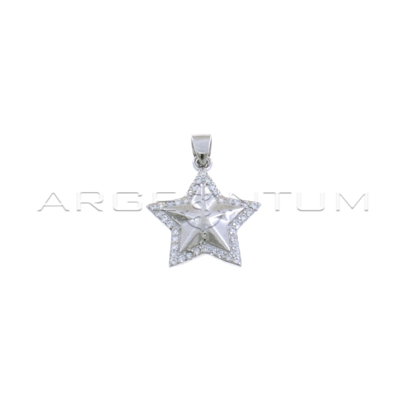 Rounded and shaped star pendant with white zircon edge white gold plated in 925 silver