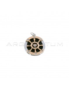 Rose gold plated rudder pendant with round white zircon details on black onyx base white gold plated in 925 silver