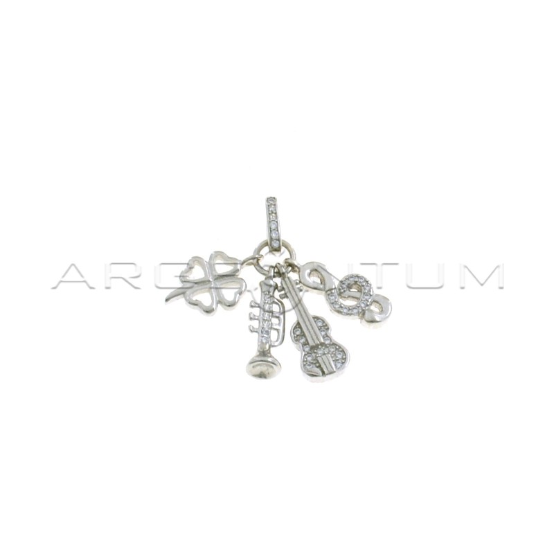 Pendant with pendants for guitar, clarinet and treble clef, white semizirconia and four-leaf clover, openwork, white gold plated in 925 silver