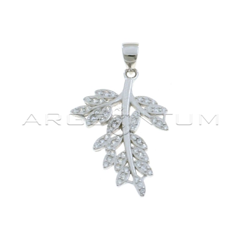 White zircon leaf pendant with white gold plated shiny stem in 925 silver