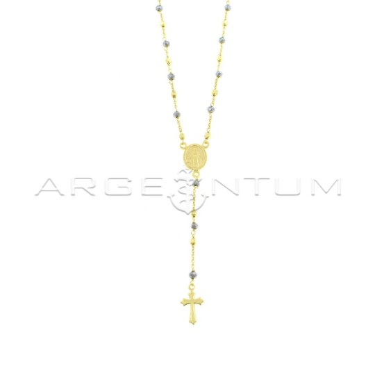 Yellow gold plated Y-shaped rosary necklace with faceted hematite spheres and 3.5 mm square nuggets and paired and shaped cross 