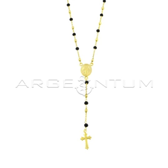 Yellow gold plated Y rosary necklace with black swarovski and 3.5 mm square nuggets and coupled and shaped cross in 925 silver