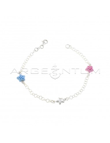 Bracciale maglia giotto con stella centrale accoppiata e stelle laterali accoppiate smaltate rosa e azzurro in argento 925